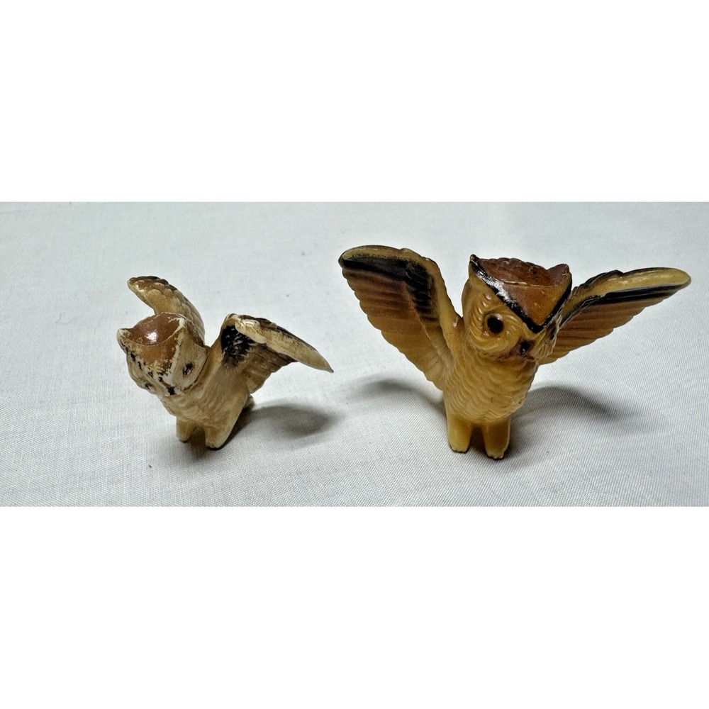 2 Miniature Owl  Figurines Hard Plastic Made Hong Kong for Shadow box decor